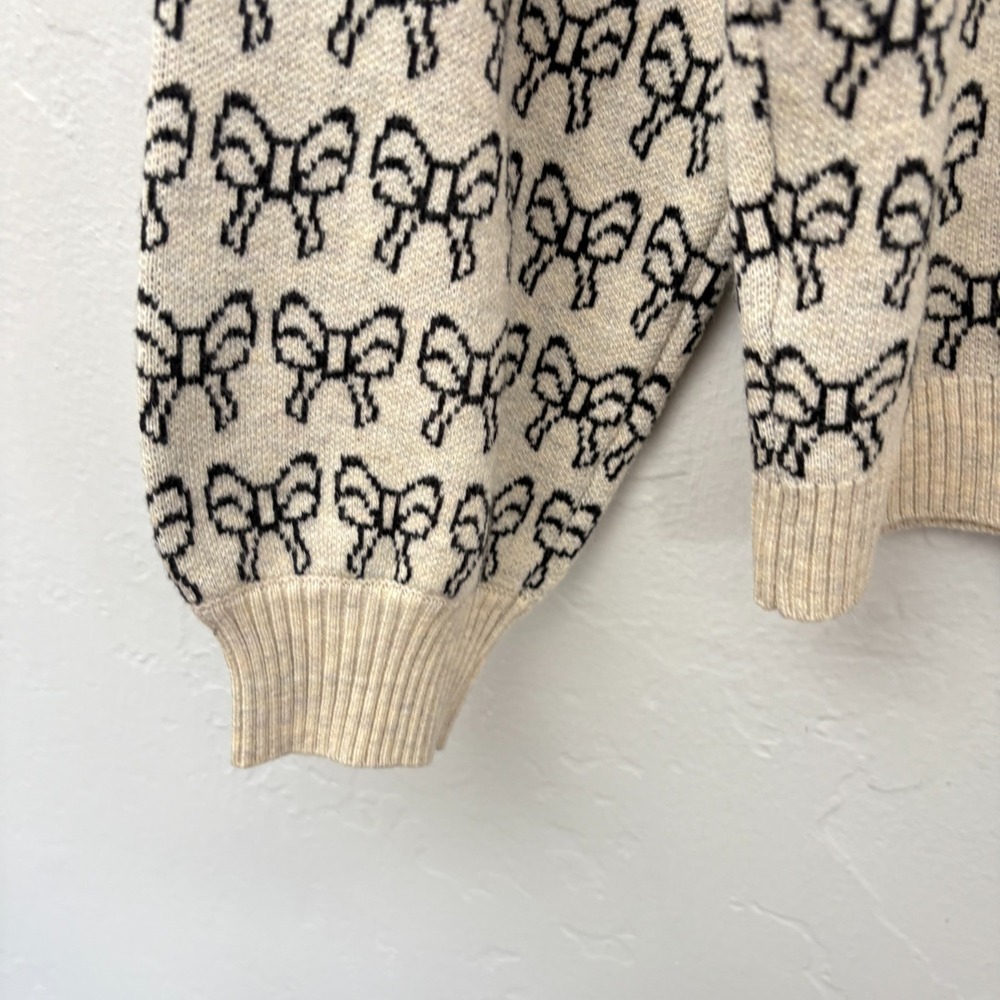 ICHI Ihbrielle Knit Cardigan Women Size Medium Bows Beige Black Button Up - Picture 14 of 15